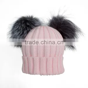 Myfur Baby Pink Wool Ribbed Knit Hat With Removable Silver Fox Fur Pom Poms thumbnail-1