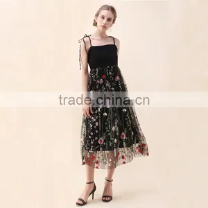 NEWEST WOMEN Self-tie Strap and Floral Embroidery Black Mesh Dress thumbnail-2