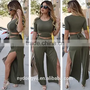 Green Belt Printed Bell Bottomed Trousers Pants / Yujn Split Flare Pants and Top Set thumbnail-1