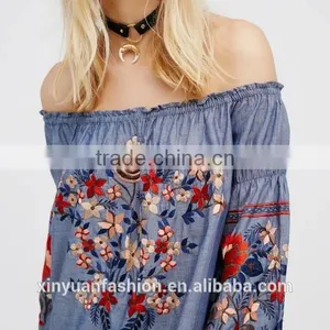2017 Korean Ladies off Shoulder Top Long Sleeve Shirt Embroidered Blouses Shirts thumbnail-5
