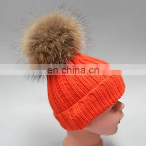 Top Grade Red Child Pompom Hats for Kids With 15cm Large Raccoon Fur Ball thumbnail-1