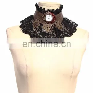 Steampunk Laced Jabot With Gear Decorations on a Choker-collar With a Real Clock thumbnail-1