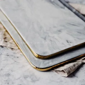Modern 10/12 Inch Marbling Golden Edge Flat Ceramic Plate thumbnail-1