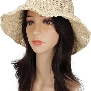 Womens Floppy Straw Sun Hat Foldable Packable Wide Brim Summer Beach Hat Crochet Bucket Hat thumbnail-1
