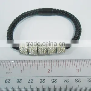 Stainless Steel Leather Bracelet With Crystal Charm thumbnail-1