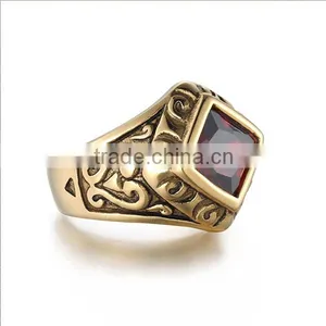 Vintage Cubic Zircon Engrave Antique Gold 316L Stainless Steel Rings Band for Men thumbnail-2