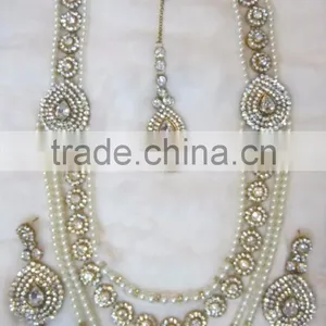 PEARL CRYSTAL Gold Plated BRIDAL Necklace EARRING Set thumbnail-1