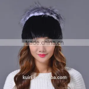 100% Real Knitted Mink Fur Hat With Large Silver Fox Fur Pom Poms Beanies Elegant Women Natural Fur Cap thumbnail-1