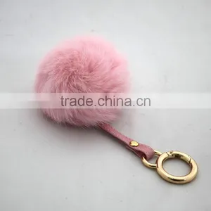 Myfur Cute Design Rabbit Ears Shape Real Rabbit Fur Pom Pom Key Chain Metal Ring thumbnail-2