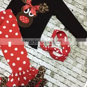Christmas New Design X-mas Outfits Baby Kidswear Reindeer Leopard Clothes Red/white Dot Ruffle Pant With Accessories thumbnail-3