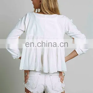 High Quality White Embroidery Tops for Lady,fashion Babydoll Blouse Designs thumbnail-4