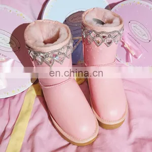 Aidocrystal Fashion Rhinestone Winter Shoes Lovely Pink Ankle Flat Boots for Girls thumbnail-2