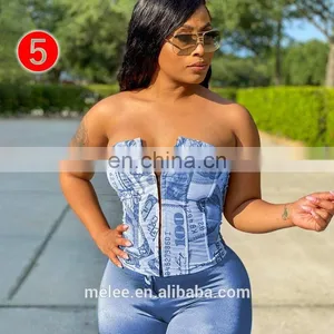 Women Summer Sexy V Neck Strapless Sleeveless Printed Skinny Slim Short Tube Tops Fashion 2020 Fall Clothes Streetwear thumbnail-4