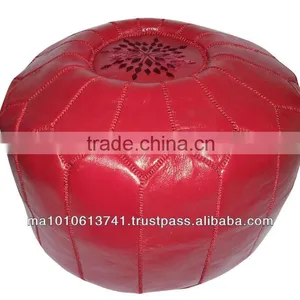 Burgundy Moroccan Leather Pouf Footstool thumbnail-1
