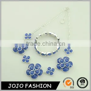 Vintage Blue Double Flower Design Fashion Necklace Rhinestone Alloy Bangles Resin Necklace Set Silver Women Jeweley Set Supplier's Choice thumbnail-1