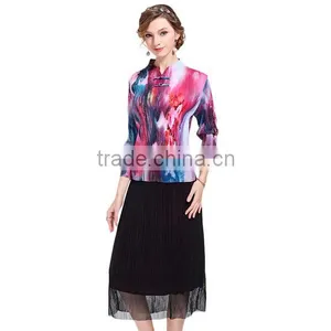 Chinese Ink and Wash Panting Double Buttons for Women Folding Dress thumbnail-1