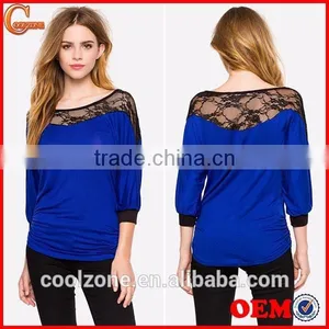 3/4Sleeve Contrast Trims Lacey Yoke Lady Blouses for Women Summer 2015 thumbnail-1