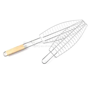 BBQ Fish Grill Basket Chrome Plated BBQ Barbecue Grill Accessories Mesh Wire Fish Basket With Wood Handle thumbnail-5