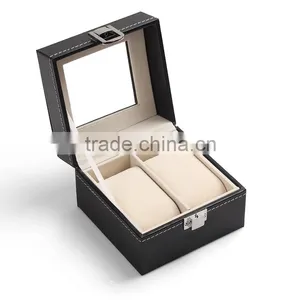 2 Slot Black Luxury Leather Watch Box Packaging With Lock thumbnail-3