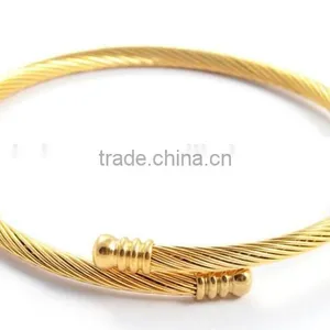 Gold Plated Mens Stainless Steel Twisted Cable Wire Cuff Bracelet Wholesale thumbnail-4
