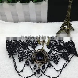 Black Bead Pendant Chain Flower Lace Choker Handmade Women Necklace Gothic Vintage thumbnail-3