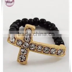 Gold Tone / Black Seed Beads & Clear Rhinestone / Cross Stretch Ring thumbnail-1