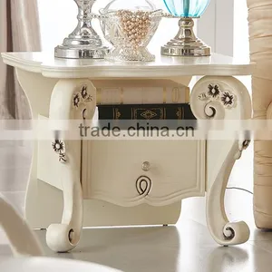 New Classic Consice Flower Carving Ivory White Side Table With Drawer thumbnail-1