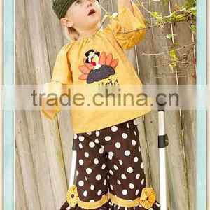 Gobble Boutique Thanksgiving Peasant Top and Ruffle Pants Gobble Turkey Appliqued Yellow Shirt Polka Dot Ruffle Pants Outfit Set thumbnail-1