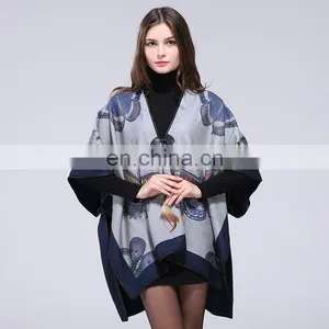 Womens Winter Stamp Cashmere Fringed Shawl Cloak thumbnail-3