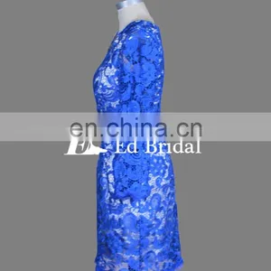Cheap Royal Blue Scoop Neckline Knee Length Short Lace Pattern Evening Dress Long Sleeve thumbnail-5