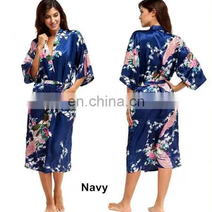 Women's Peacock Print Half Sleeve Silk Kimono Bridesmaid Long Robe Nightgown thumbnail-1