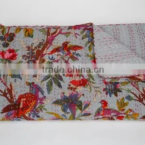 Tropical Bird King Size Quilt Handstiched Old Vintage Kantha Quilt Indian Throw Ralli GUDARI thumbnail-1