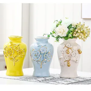Nordic Palace Creative Romantic Gild Blue Yellow Tall Ceramic Flower Vase For Indoor Decor thumbnail-1
