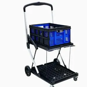 Multi-Purpose Four Wheels Double Layers Storage Sturdy Plastic Trolley With Folding Boxes Shopping Cart thumbnail-3