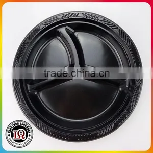 3 Compartment Disposable Plastic Black Round PS Plate thumbnail-1