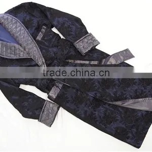 Wholesale Warm Winter Men's Floral Navy Silk Bathrobe With Quilted Gray Shawl Collar thumbnail-1