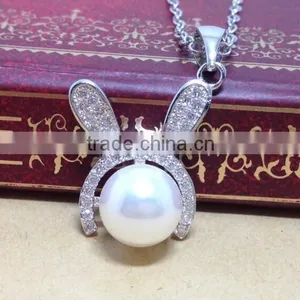 Personalized 925 Sterling Silver Fresh Water Natural Pearl Rabbit Bunny Pendant Necklace thumbnail-3