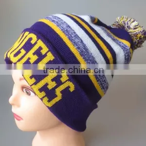 Stripe Jacquard Knitted Beanie Hat With Pom Pom,beanie Hats With Top Ball thumbnail-2