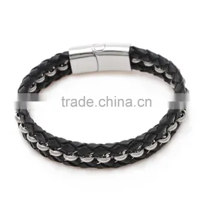 Men's Magnetic Buckle Stainless Steel Rope Leather Bracelet Braided Cuff Bangle Black thumbnail-1
