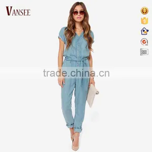 Women Sky Blue Belted Short Sleeve Slim Fit Jumpsuit Romper thumbnail-1