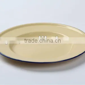 Yellow Cream Green Enamelware Cast Iron Soup Plates Plain thumbnail-1