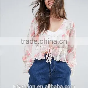 OEM Service Supply Type Women Sexy Tops and Blouses Floral Print Plunge Blouse thumbnail-2