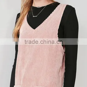 V Neck Pink Dyed Corduroy Front Pockets Sleeveless Vest Dress for Girl thumbnail-6