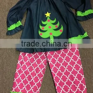 Girls Christmas Tree Patterned Pop Boutique Clothing Set thumbnail-1