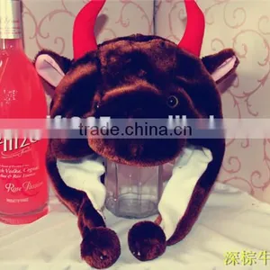 Brown Color Cow Plush Warm Hat Earmuff With Ear Poms Cartoon Animal Cap thumbnail-2