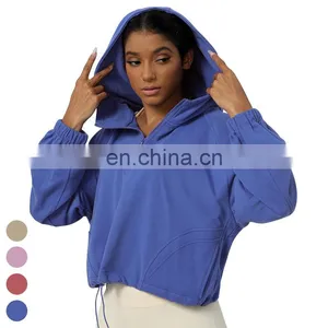 Drawstring Hem Yoga Jacket Loose Casual Running Coat Half Zipper Sports Jackets Long Sleeve Gym Fitness Hoody Women Yoga Jacket thumbnail-1