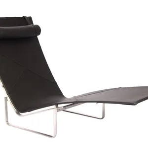 Mid-Century Leather Chaise Lounge Chair, Poul Kjaerholm PK24 Replica Recliner With Stainless Steel Frame for Living Room Hotel thumbnail-1
