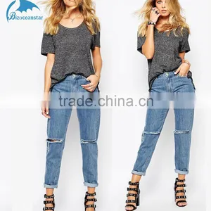 High Quality Wholesale Womens Denim Low Rise Oversized Boyfriend Jeans With Roll Hem & Ripped Knees Quality Choice thumbnail-1