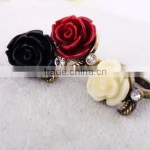 Hot-selling Fashion Lady Vintage Bronze Crystal Black Rose Flower Branch Finger Ring thumbnail-1