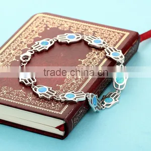 925 Sterling Silver Blue Opal Hamsa Hand Shape Bracelet SBI160W thumbnail-3